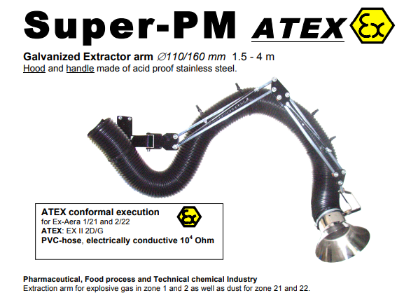 Chart outlining the technical details of the Plymoth P-367 Super PM ATEX Fume Extraction Arm